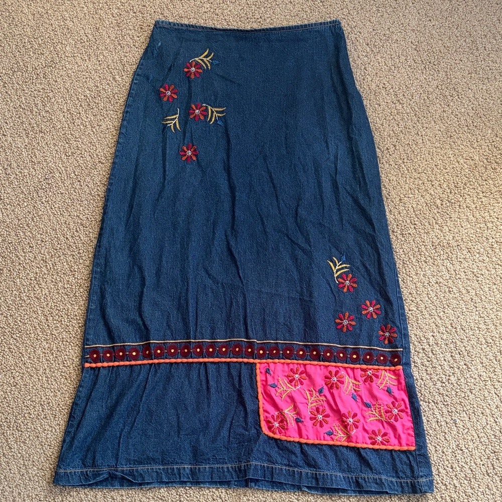 Embroidered Floral Denim Midi Skirt